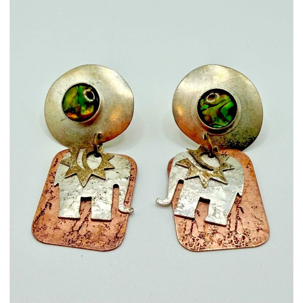 Artisan Mixed Metal Elephant Sun Drop Earrings Abalone Shell Inlay Boho Earrings
